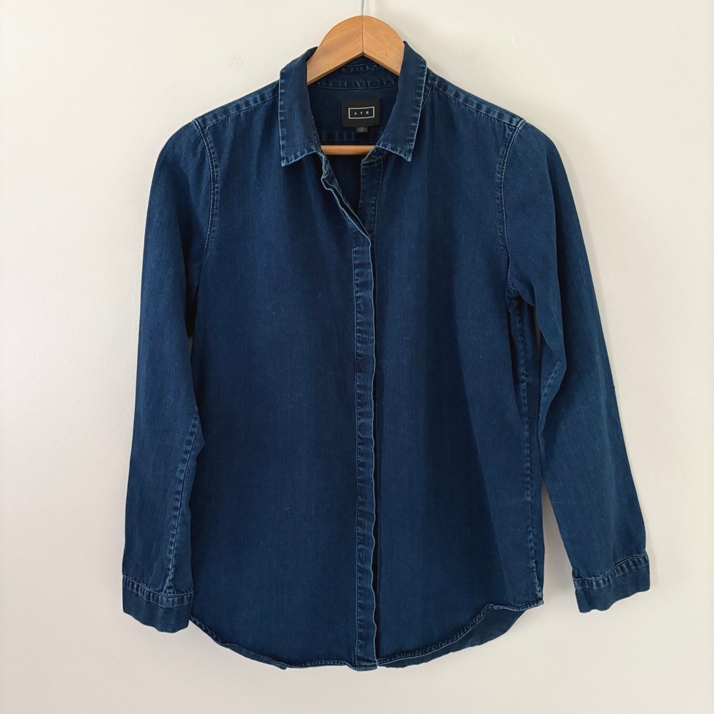 AYR Denim Button Down Shirt Medium Blue Dark Wash Long Sleeve Cotton Classic